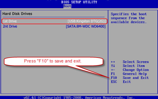 Set first boot device to USB Drive.