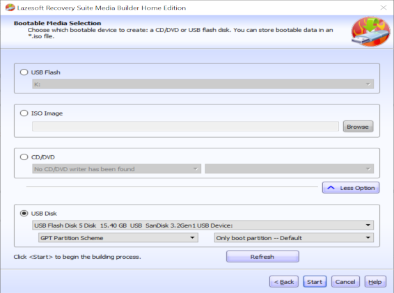 Lazesotft Recovery Suite bootable media builder media selection page, USB Disk
